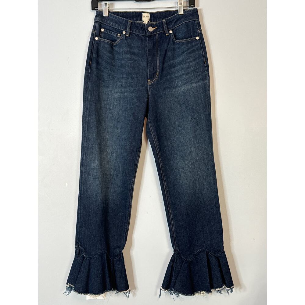 La Vie Rebecca Taylor ruffle hem flare jeans dark wash denim size 26 boho chic